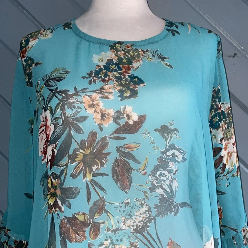 Bryn Walker Floral Blue High-low Ruffle Sleeve Semi Sheer blouse - Picture 5 of 7